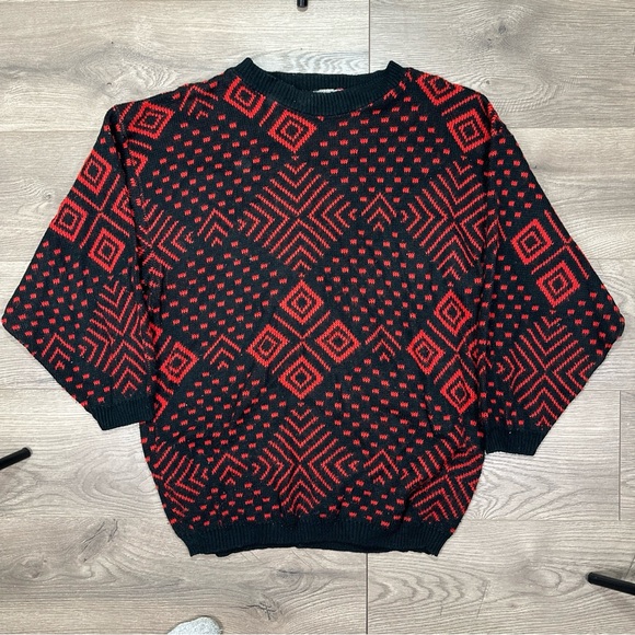 Vintage 80s Brunny Abstract Geometric Pull Over Black Red Sweater USA Made Large - Picture 2 of 9